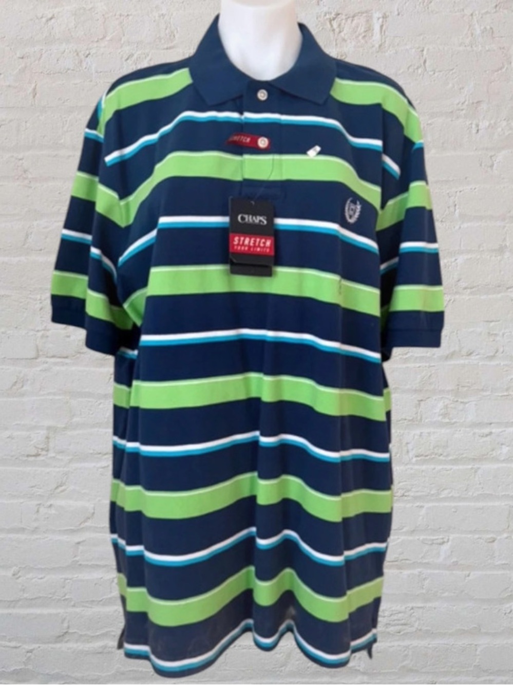 (NWT) Chaps Men’s Striped Polo Pullover Short Sleeve Shirt in Navy & Green, XL